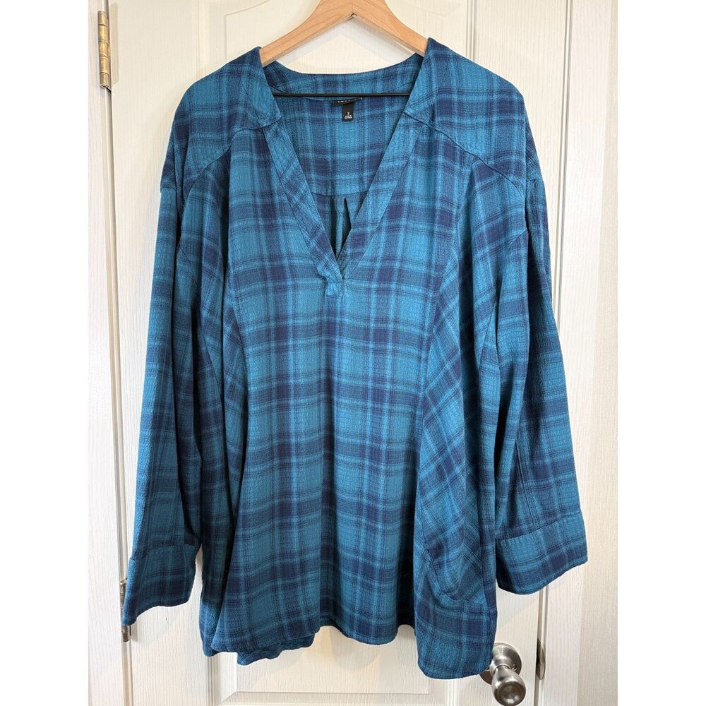 Torrid Size 3 3X 22/24 Blue Plaid Gauze Relaxed Tunic Top V-Neck Long Sleeve